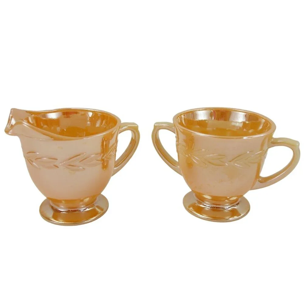 Vintage Fire King‎ Peach Lustre Laurel Leaf Sugar Bowl and Creamer